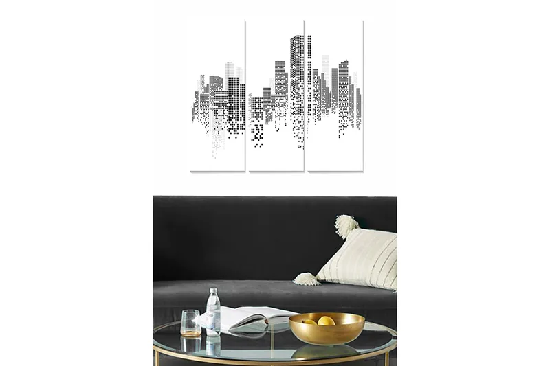 Trælærred 3-delt 50x70 cm - Abstrakt bybillede i sort-hvid, Sort / Hvid