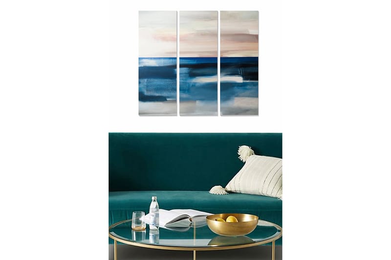 Trælærred 3-delt 50x70 cm - Abstrakt havlandskab med bløde farveovergange, Mørkeblå / Lyseblå / Beige