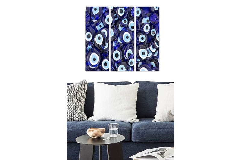 Trælærred 3-delt 50x70 cm - Abstrakt komposition med øjemotiv, Mørkeblå / Lyseblå / Hvid