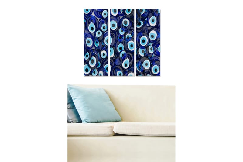 Trælærred 3-delt 50x70 cm - Abstrakt komposition med øjenlignende former, Mørkeblå / Lyseblå / Hvid
