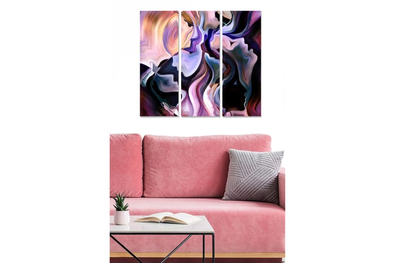 Trælærred 3-delt 50x70 cm - Abstrakt komposition med ansigtsformer, Lilla / Sort / Lyserød