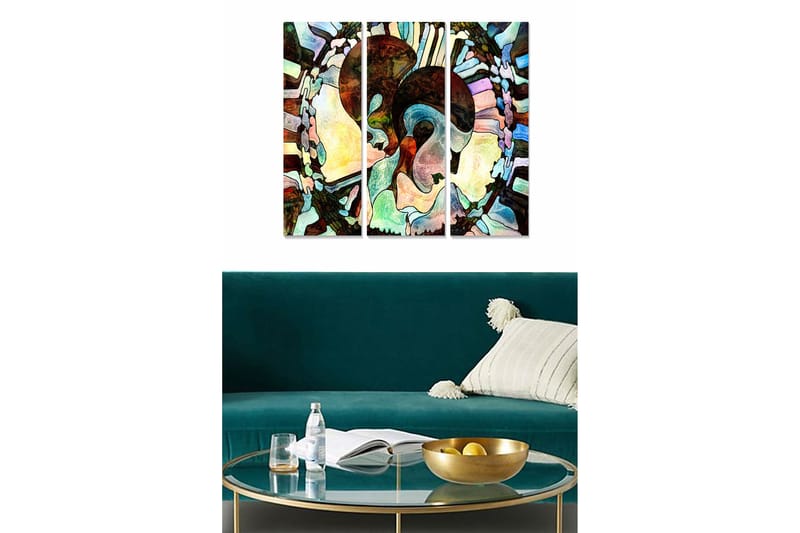 Trælærred 3-delt 50x70 cm - Abstrakt komposition med ansigtsmotiv, Mørkebrun / Lysegrøn / Beige