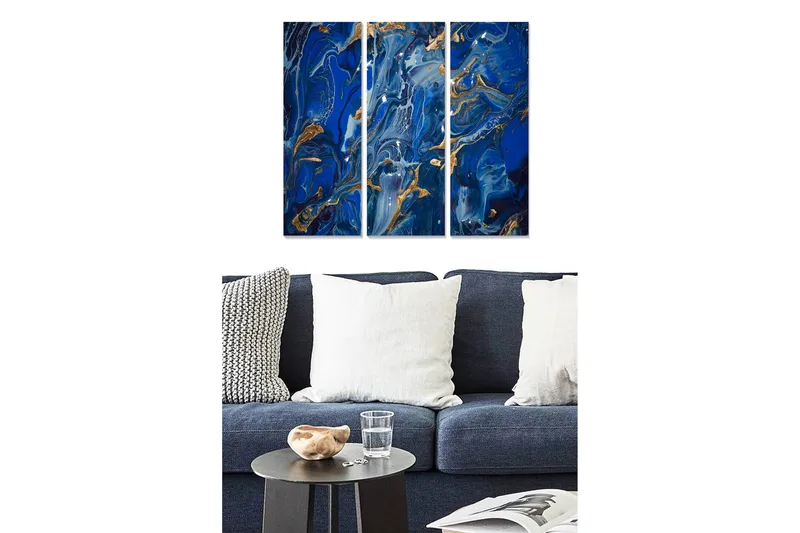Trælærred 3-delt 50x70 cm - Abstrakt komposition med blå og gyldne mønstre, Mørkeblå / Gylden / Lyseblå
