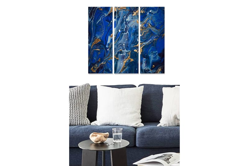 Trælærred 3-delt 50x70 cm - Abstrakt komposition med blå og gyldne mønstre, Mørkeblå / Gylden / Lyseblå