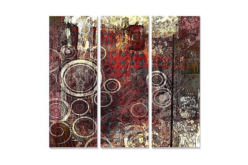 Trælærred 3-delt 50x70 cm - Abstrakt komposition med cirkulære former, Rød / Brun / Guld