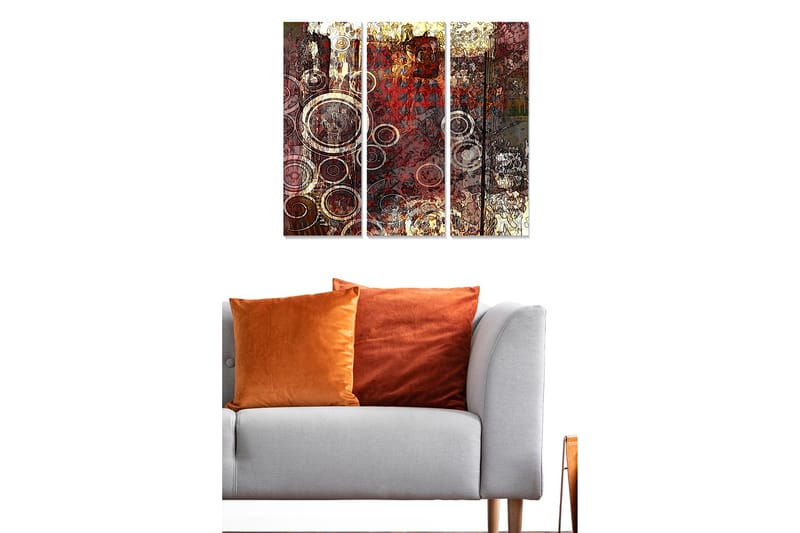 Trælærred 3-delt 50x70 cm - Abstrakt komposition med cirkulære former - Rød / Brun / Guld - Boligtilbehør - Billeder & kunst - Billeder på lærred