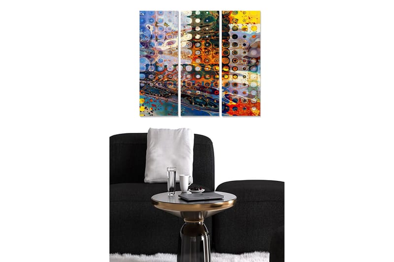 Trælærred 3-delt 50x70 cm - Abstrakt komposition med cirkulære mønstre og farvede elementer, Blå / Orange / Gul