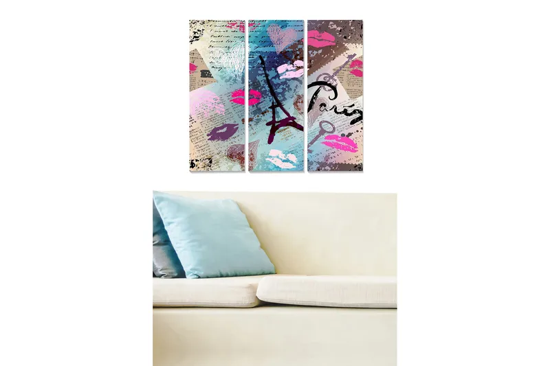Trælærred 3-delt 50x70 cm - Abstrakt komposition med Eiffeltårnet og læbestiftaftryk, Lyserød / Blå / Lilla