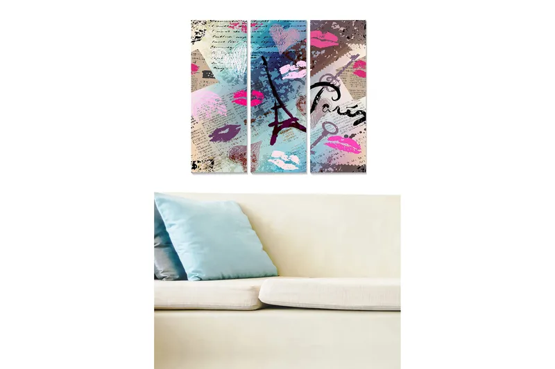 Trælærred 3-delt 50x70 cm - Abstrakt komposition med Eiffeltårnet og læbestiftaftryk, Lyserød / Blå / Lilla
