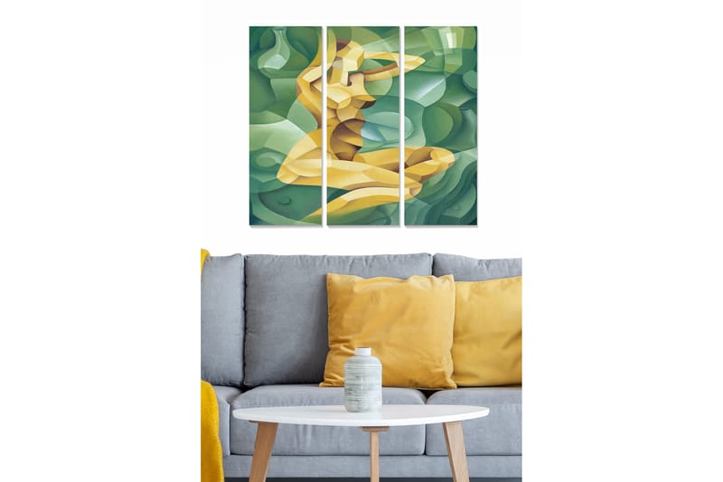Trælærred 3-delt 50x70 cm - Abstrakt komposition med en stiliseret menneskefigur, Grøn / Gul / Lyseblå