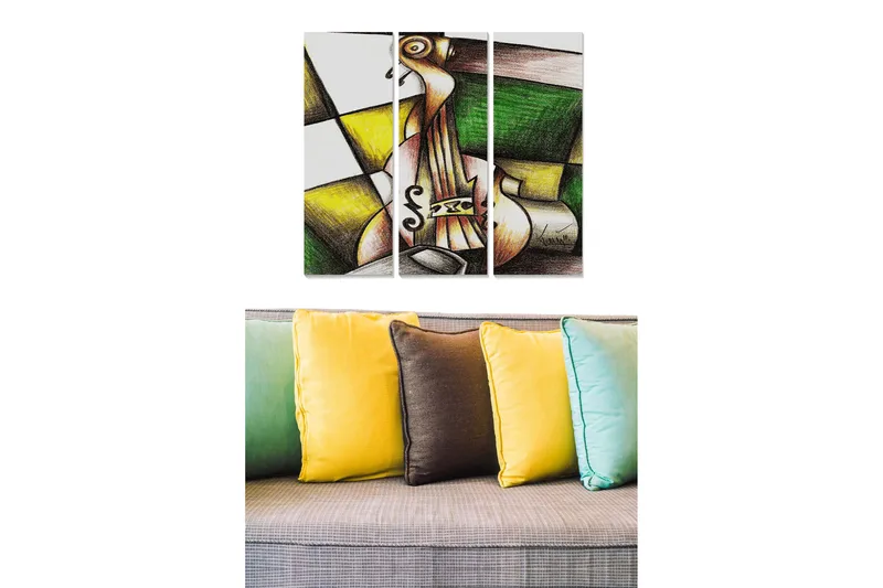 Trælærred 3-delt 50x70 cm - Abstrakt komposition med en violin i fokus, Grøn / Gul / Brun