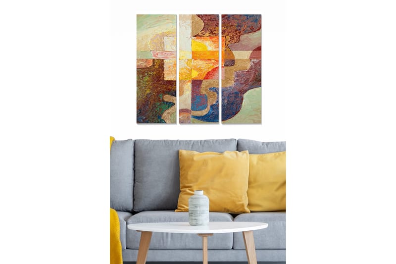 Trælærred 3-delt 50x70 cm - Abstrakt komposition med farvede former og teksturer - Rød / Beige / Blå - Boligtilbehør - Billeder & kunst - Billeder på lærred