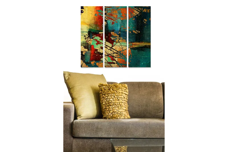 Trælærred 3-delt 50x70 cm - Abstrakt komposition med farverige former og mønstre, Mørkegrøn / Rød / Guld