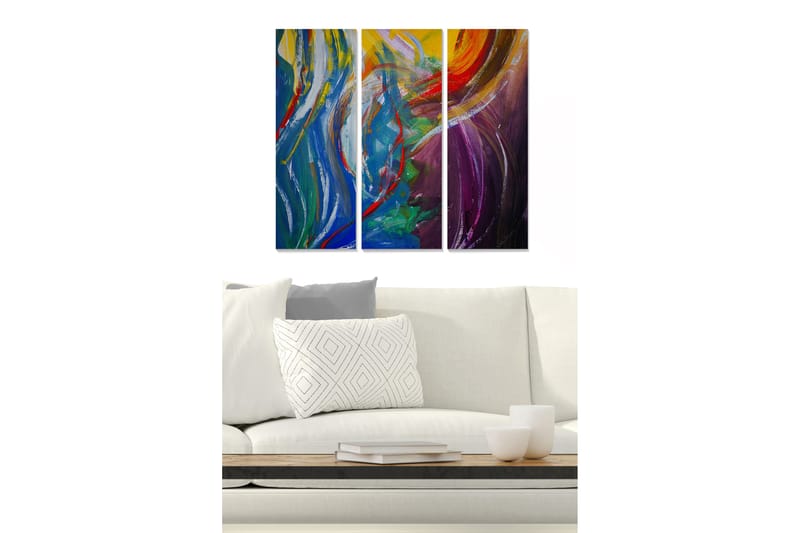 Trælærred 3-delt 50x70 cm - Abstrakt komposition med farverige gynger, Blå / Grøn / Lilla