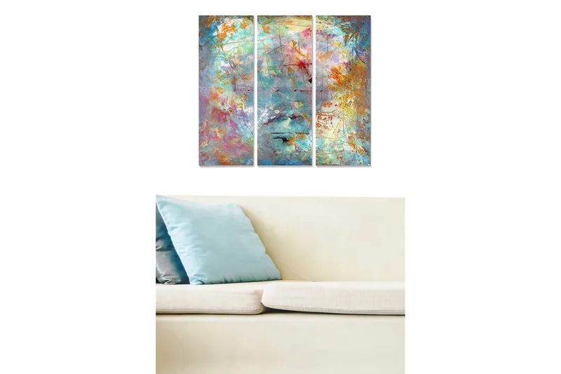 Trælærred 3-delt 50x70 cm - Abstrakt komposition med farverige mønstre og teksturer, Turkis / Orange / Pink