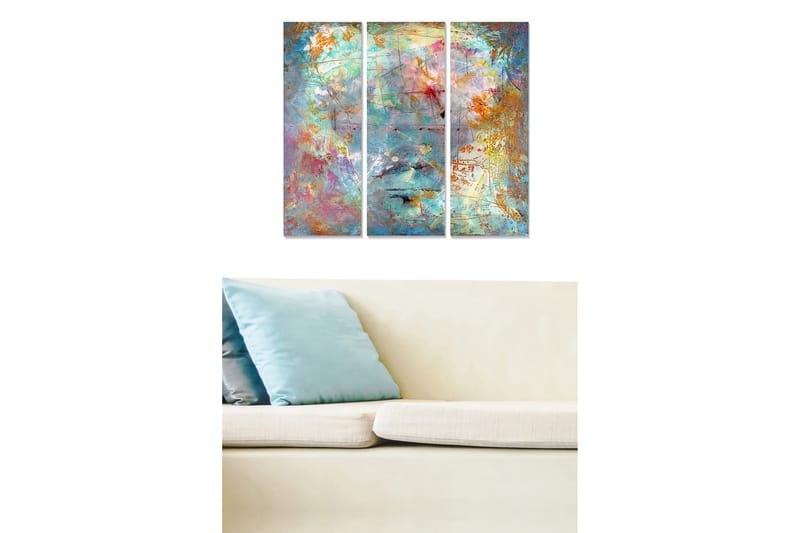 Trælærred 3-delt 50x70 cm - Abstrakt komposition med farverige mønstre og teksturer, Turkis / Orange / Pink