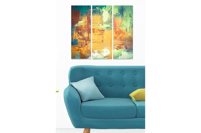 Trælærred 3-delt 50x70 cm - Abstrakt komposition med farverige penselstrøg, Orange / Grøn / Blå