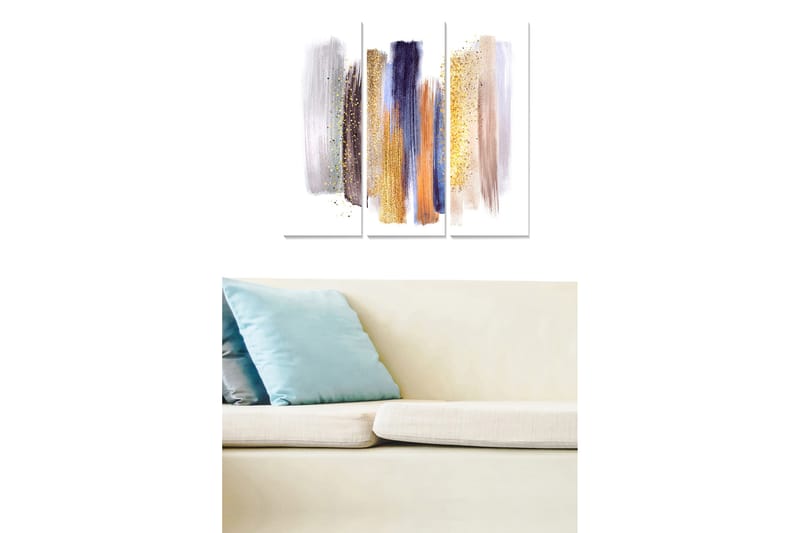 Trælærred 3-delt 50x70 cm - Abstrakt komposition med farverige penselstrøg og glitrende detaljer, Lilla / Guld / Beige