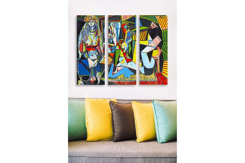 Trælærred 3-delt 50x70 cm - Abstrakt komposition med figurer og geometriske former, Blå / Rød / Grøn