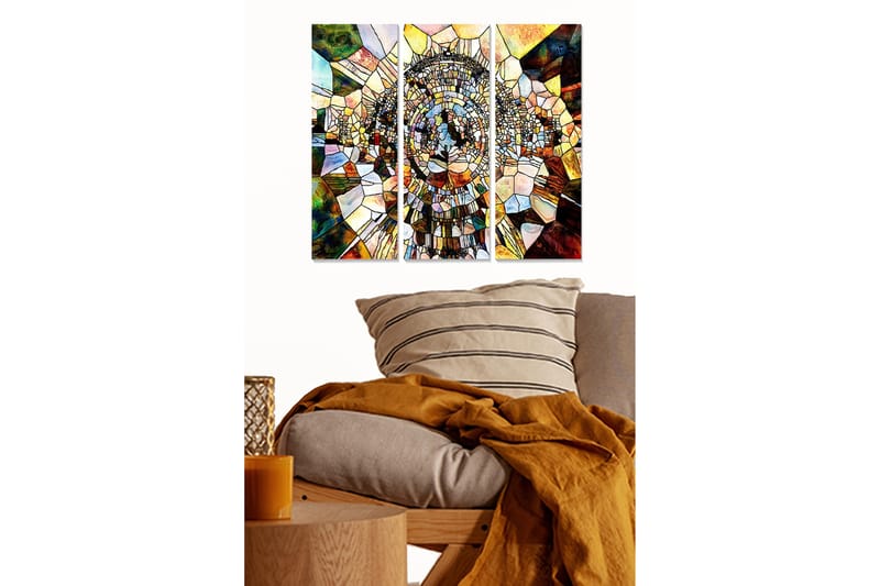 Trælærred 3-delt 50x70 cm - Abstrakt komposition med geometriske former i en spiralstruktur, Guld / Brun / Grøn