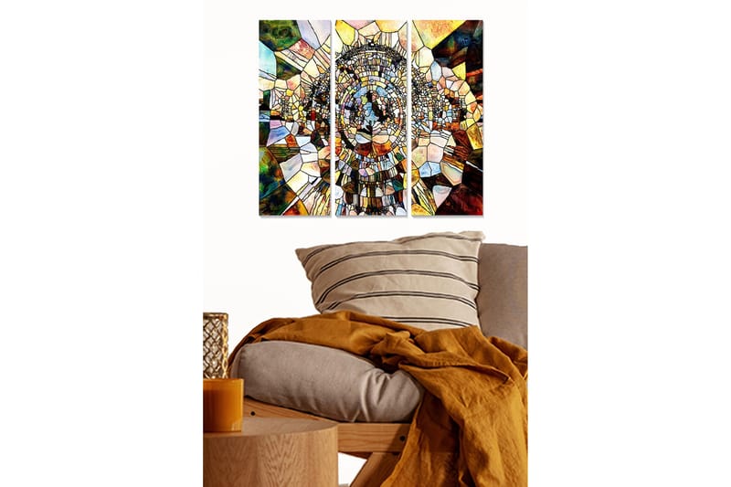 Trælærred 3-delt 50x70 cm - Abstrakt komposition med geometriske former i en spiralstruktur, Guld / Brun / Grøn