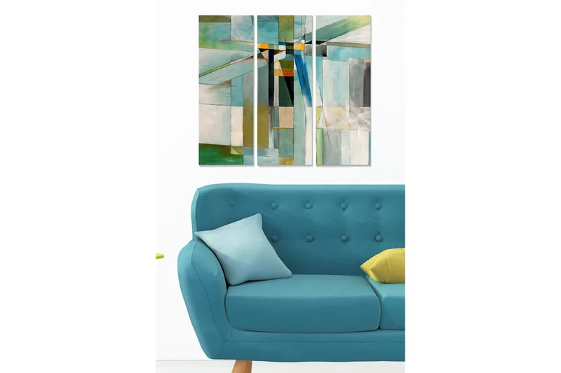 Trælærred 3-delt 50x70 cm - Abstrakt komposition med geometriske former i forskellige nuancer, Turkis / Grøn / Hvid