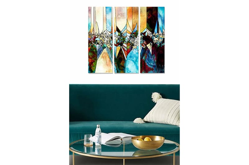 Trælærred 3-delt 50x70 cm - Abstrakt komposition med geometriske former og farverige elementer, Blå / Rød / Gul