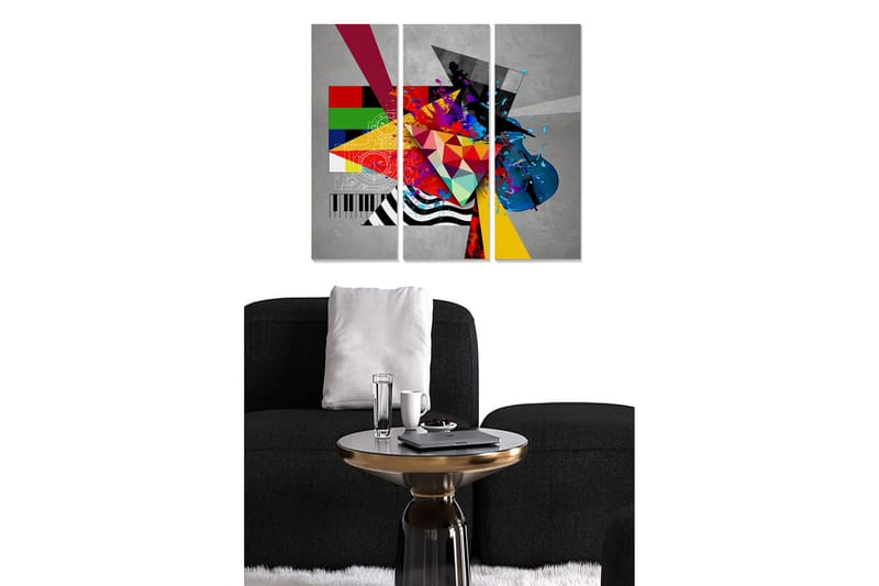 Trælærred 3-delt 50x70 cm - Abstrakt komposition med geometriske former og musikalske elementer, Blå / Rød / Gul