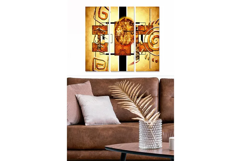 Trælærred 3-delt 50x70 cm - Abstrakt komposition med geometriske former og solsymbolik, Guld / Brun / Sort