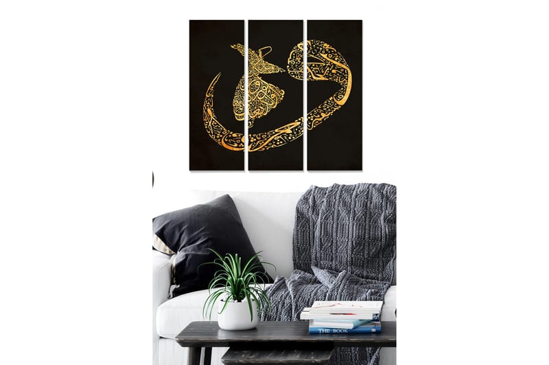 Trælærred 3-delt 50x70 cm - Abstrakt komposition med gyldne mønstre på sort baggrund, Guld / Sort