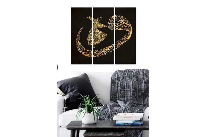 Trælærred 3-delt 50x70 cm - Abstrakt komposition med gyldne mønstre på sort baggrund, Guld / Sort