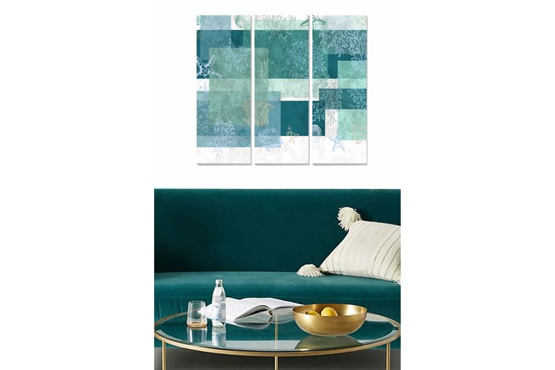 Trælærred 3-delt 50x70 cm - Abstrakt komposition med havmotiver og geometriske former, Turkis / Mintgrøn / Hvid