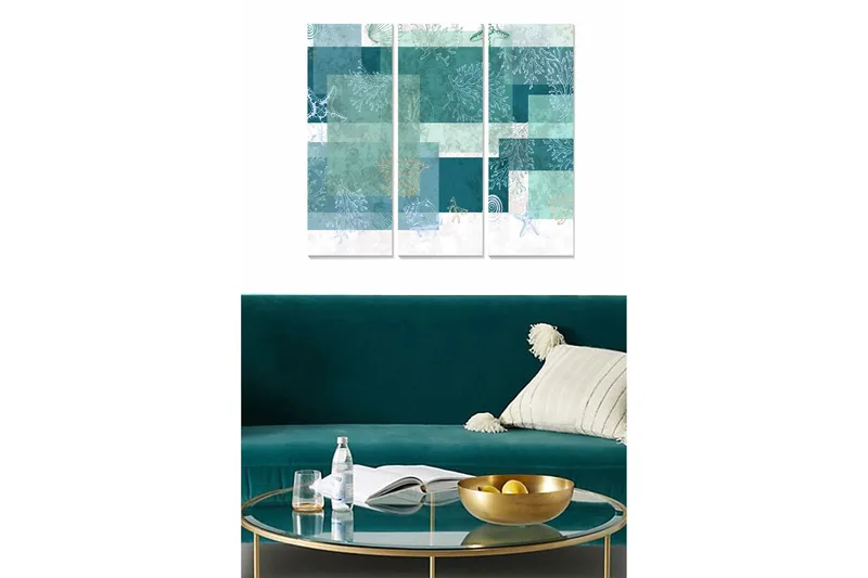 Trælærred 3-delt 50x70 cm - Abstrakt komposition med havmotiver og geometriske former, Turkis / Mintgrøn / Hvid