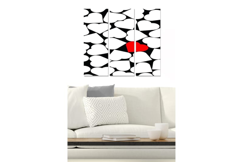 Trælærred 3-delt 50x70 cm - Abstrakt komposition med hjerteformede elementer, Rød / Sort / Hvid
