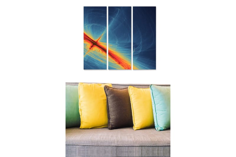 Trælærred 3-delt 50x70 cm - Abstrakt komposition med klare farver og dynamiske linjer, Mørkeblå / Orange / Gul