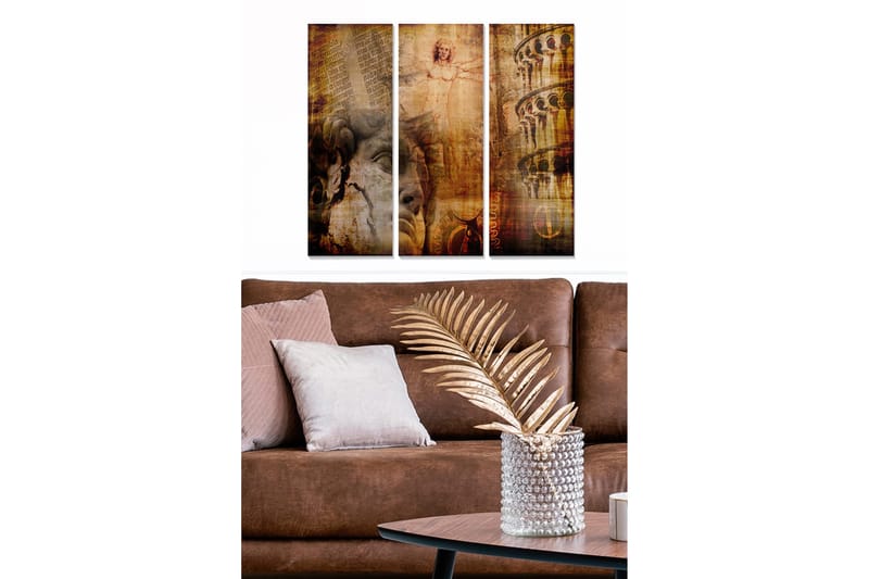 Trælærred 3-delt 50x70 cm - Abstrakt komposition med klassiske elementer og ansigter, Brun / Guld / Beige