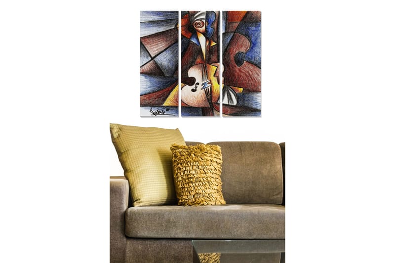 Trælærred 3-delt 50x70 cm - Abstrakt komposition med musikinstrumenter og geometriske former, Mørkeblå / Rød / Beige