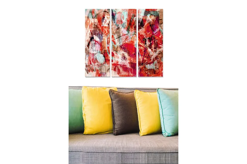 Trælærred 3-delt 50x70 cm - Abstrakt komposition med røde og blå nuancer, Rød / Turkis