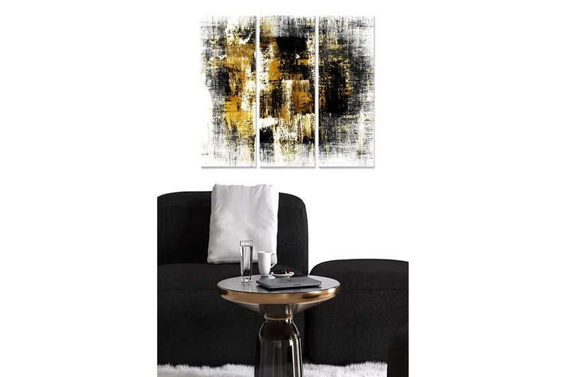 Trælærred 3-delt 50x70 cm - Abstrakt komposition med sorte og gyldne elementer, Sort / Guld / Hvid