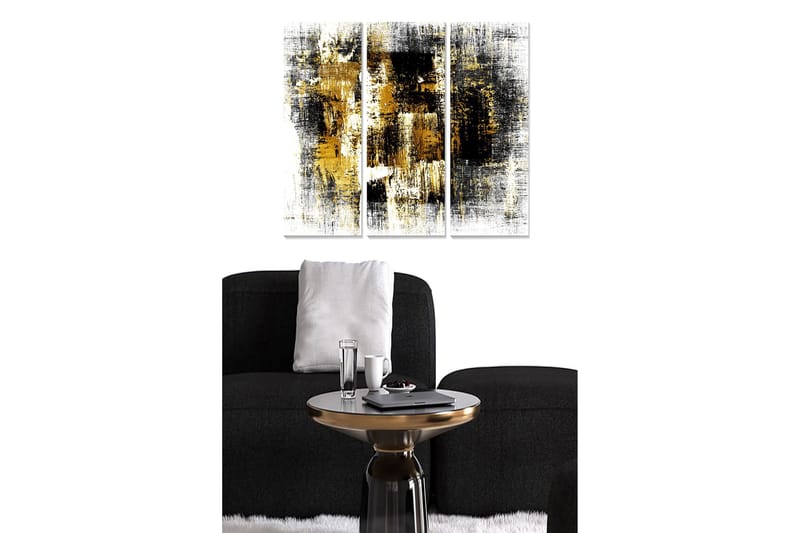 Trælærred 3-delt 50x70 cm - Abstrakt komposition med sorte og gyldne elementer, Sort / Guld / Hvid