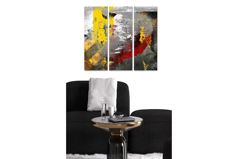 Trælærred 3-delt 50x70 cm - Abstrakt komposition med stærke farver og teksturer, Gul / Rød / Grå