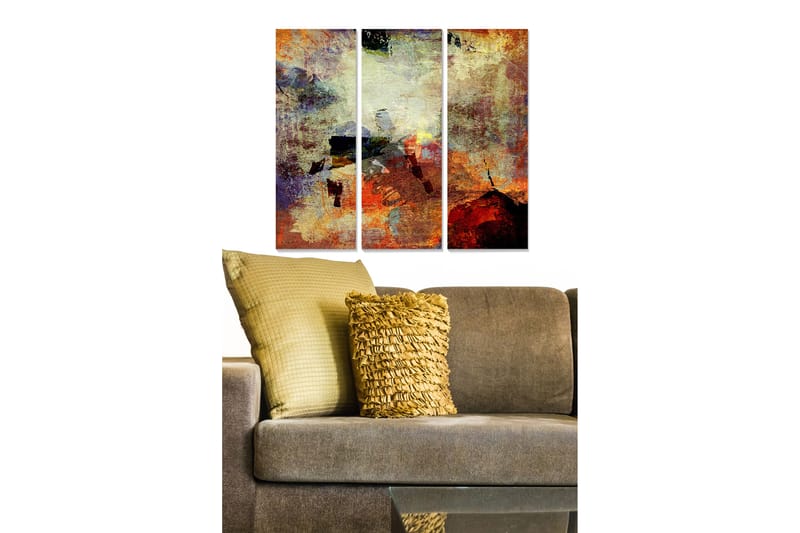 Trælærred 3-delt 50x70 cm - Abstrakt komposition med varme farver og teksturer, Rød / Orange / Gul