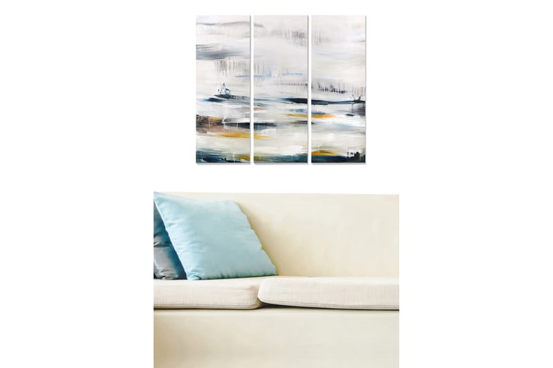 Trælærred 3-delt 50x70 cm - Abstrakt landskab med bløde farveovergange, Grå / Hvid / Blå