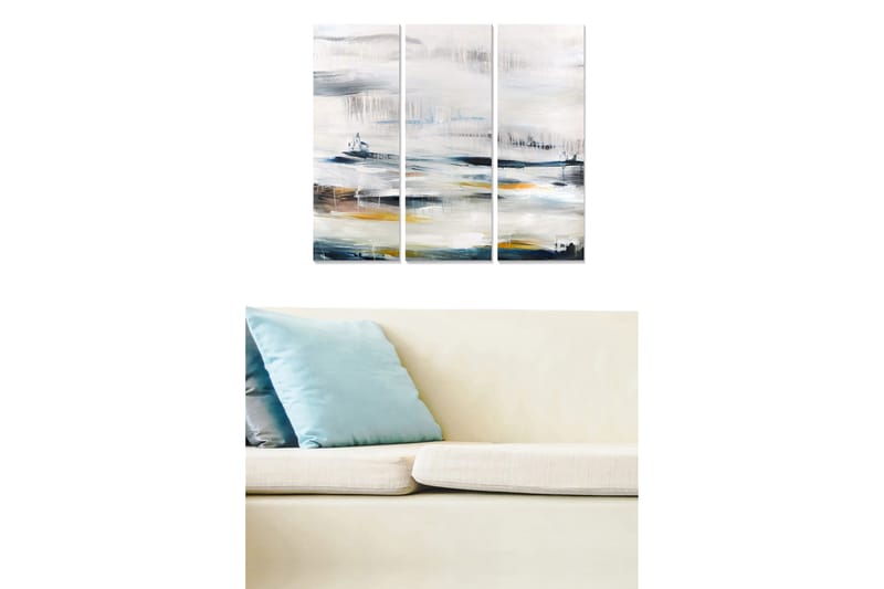 Trælærred 3-delt 50x70 cm - Abstrakt landskab med bløde farveovergange, Grå / Hvid / Blå