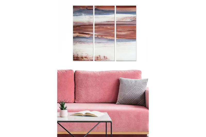 Trælærred 3-delt 50x70 cm - Abstrakt landskab med jordfarver - Terrakotta / Blå / Hvid - Boligtilbehør - Billeder & kunst - Billeder på lærred