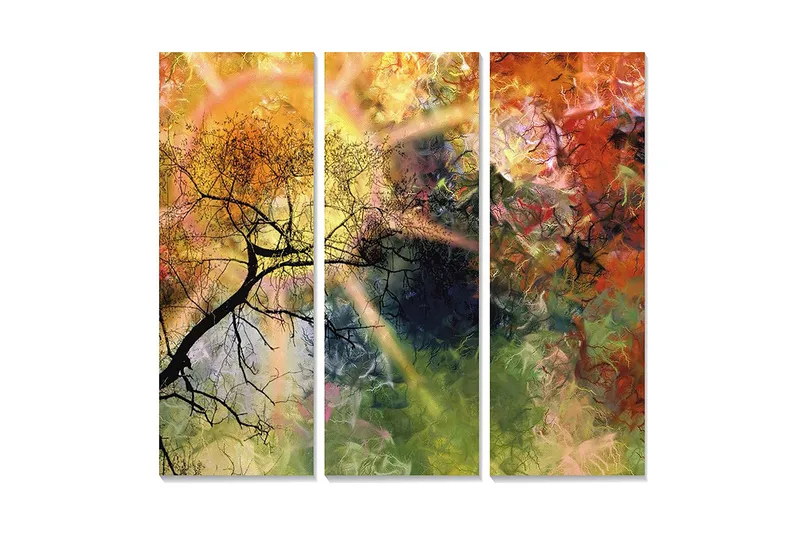 Trælærred 3-delt 50x70 cm - Abstrakt landskab med silhuet af trægrene, Guld / Grøn / Orange