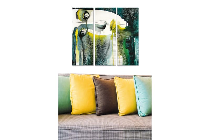 Trælærred 3-delt 50x70 cm - Abstrakt portræt med øjne og flydende former, Mørkegrøn / Gul / Hvid