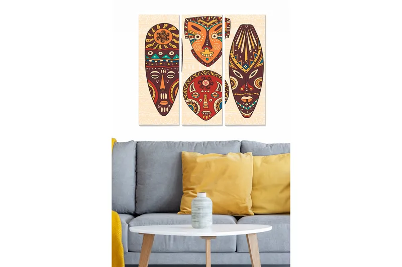 Trælærred 3-delt 50x70 cm - Abstrakte ansigter i farverige masker, Rød / Brun / Blå