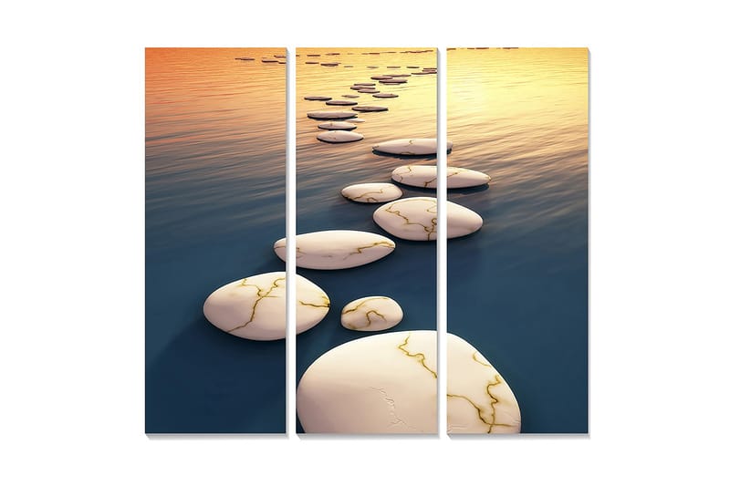 Trælærred 3-delt 50x70 cm - Asfalteret vej over spejlblanke vandoverflader, Hvid / Blå / Guld