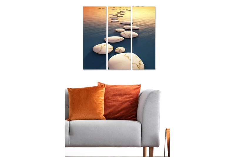 Trælærred 3-delt 50x70 cm - Asfalteret vej over spejlblanke vandoverflader - Hvid / Blå / Guld - Boligtilbehør - Billeder & kunst - Billeder på lærred